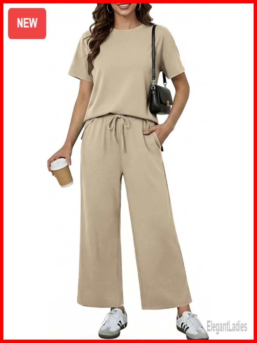 Soft 2 Piece Lounge Set - Short Sleeve Wide Leg Pants Tracksuit Travel Summer